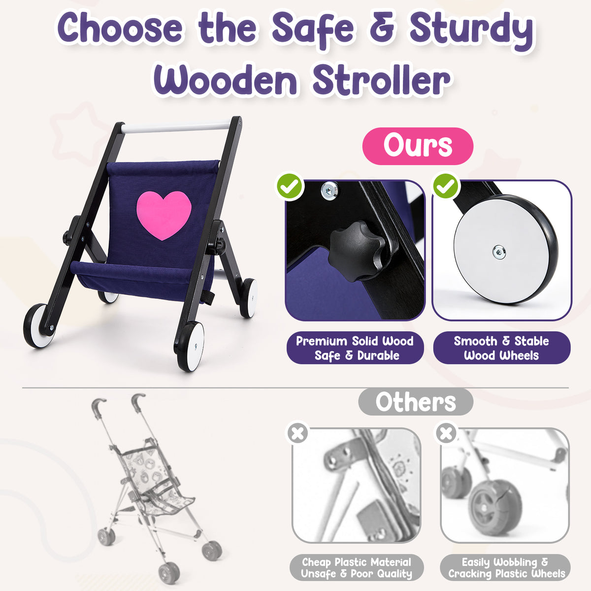 FUNLIO Wooden Doll Stroller for Toddlers 12 Months+，Black