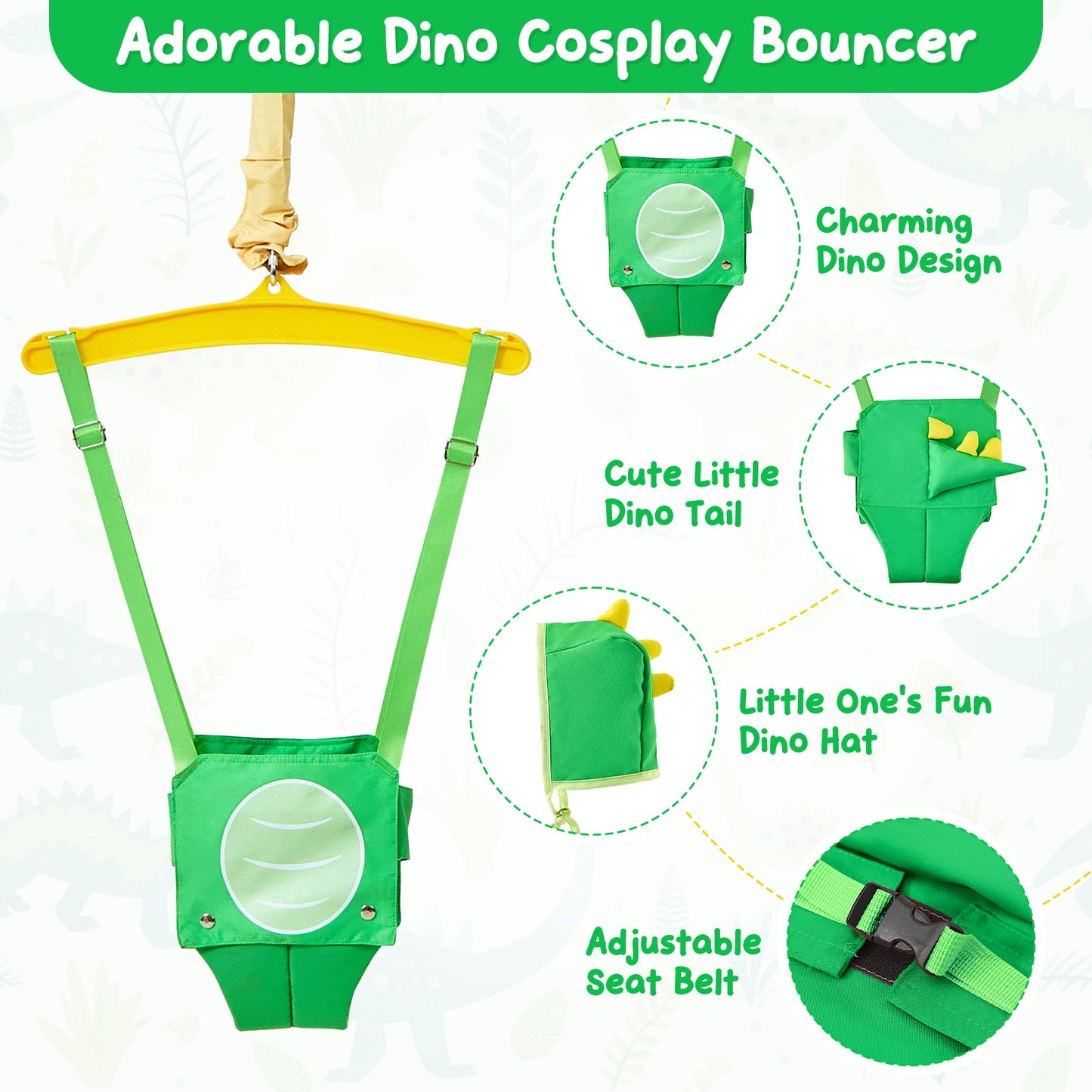 FUNLIO Baby Jumper with a Ceiling Hook for 6-24 Months, Baby Door Jumper for Indoor/Outdoor Play, Jumper Doorway with Adjustable Chain, Easy to Assemble & Store (with a Ceiling Hook) - Green Dinosaur