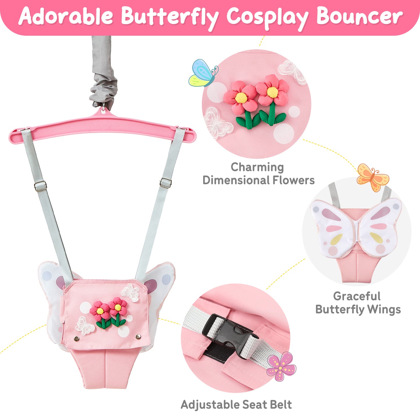 FUNLIO Baby Jumper with a Ceiling Hook for 6-24 Months, Baby Door Jumper for Indoor/Outdoor Play, Jumper Doorway with Adjustable Chain, Easy to Assemble & Store (with a Ceiling Hook) - Pink Butterfly