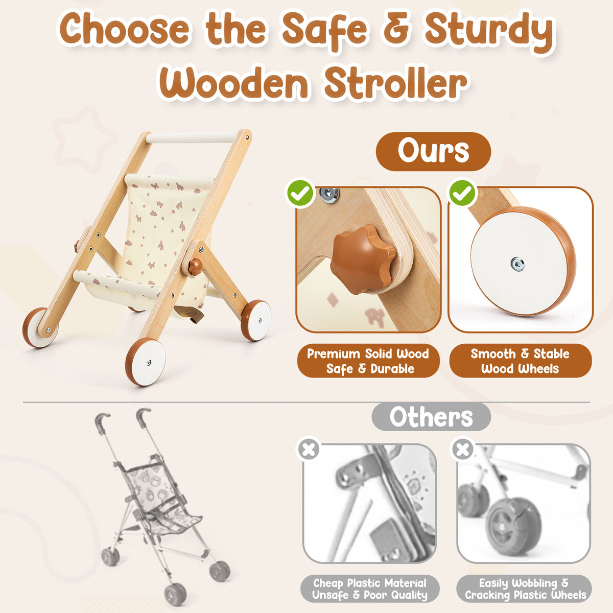 FUNLIO Wooden Doll Stroller for Toddlers 12 Months+，Natural