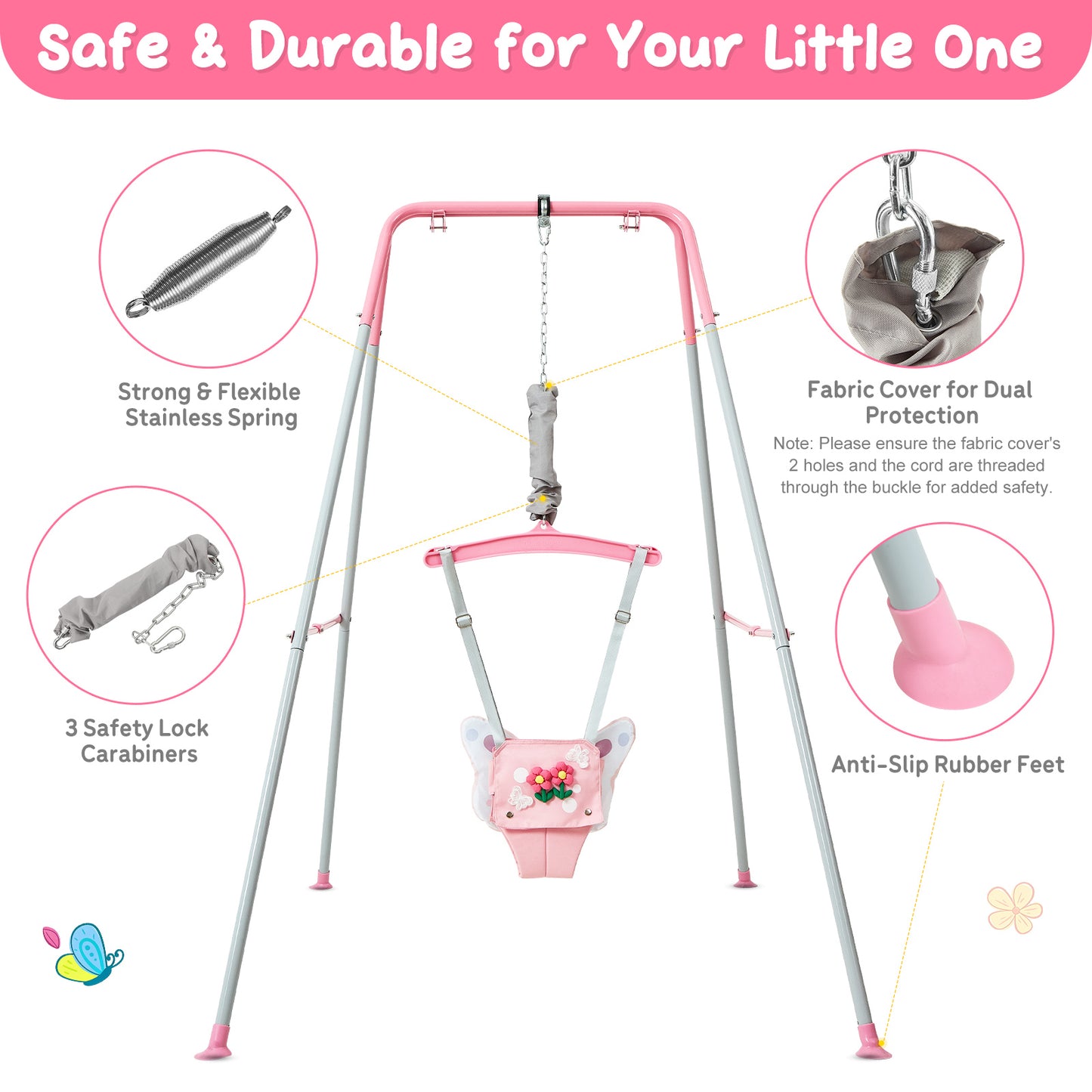 FUNLIO Baby Jumper with Stand for 6-24 Months, Infant Jumper for Indoor/Outdoor Play, Toddler Jumper for Baby Girl/Boy, with Adjustable Chain, Easy to Assemble & Store (with Stand) - Pink Butterfly