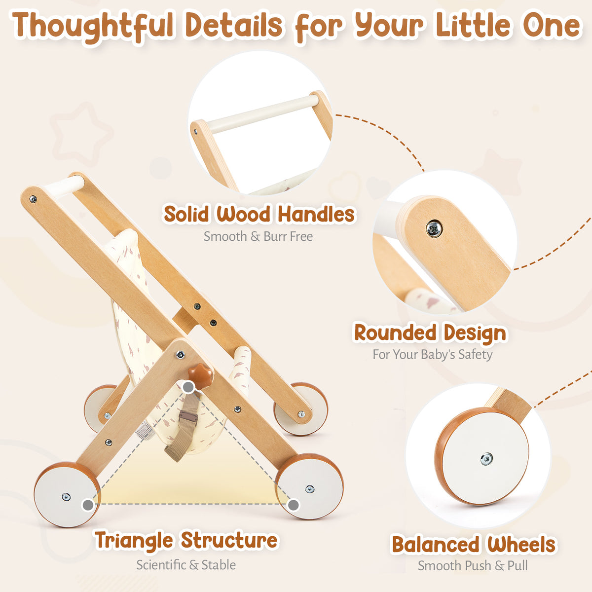 FUNLIO Wooden Doll Stroller for Toddlers 12 Months+，Natural