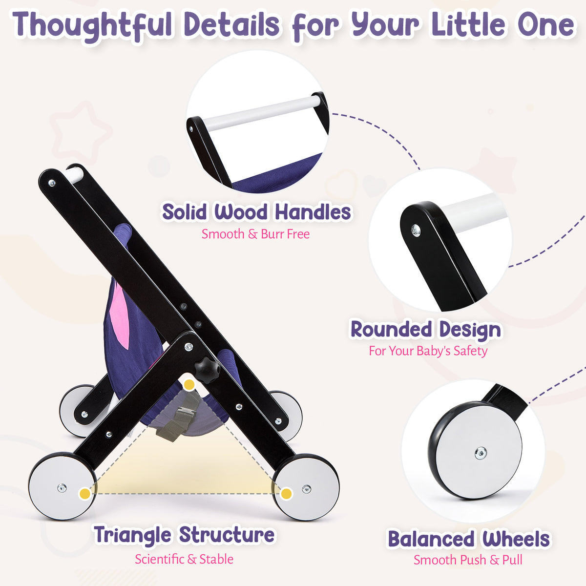 FUNLIO Wooden Doll Stroller for Toddlers 12 Months+，Black