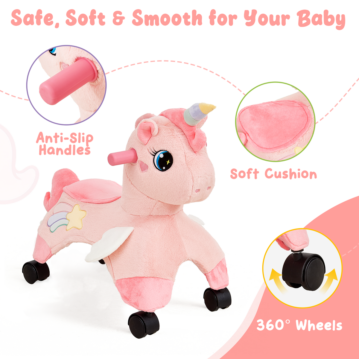 FUNLIO Unicorn Ride On Toys, Toddler Ride On Toys with 360° Wheels-Pink