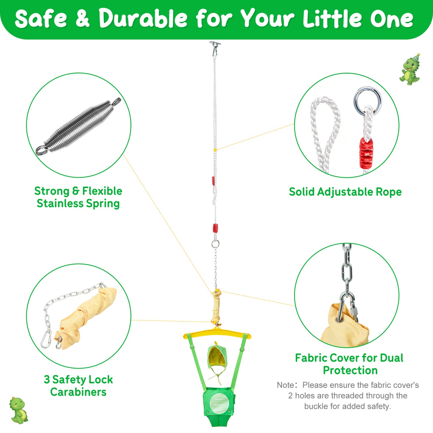 FUNLIO Baby Jumper with a Ceiling Hook for 6-24 Months, Baby Door Jumper for Indoor/Outdoor Play, Jumper Doorway with Adjustable Chain, Easy to Assemble & Store (with a Ceiling Hook) - Green Dinosaur