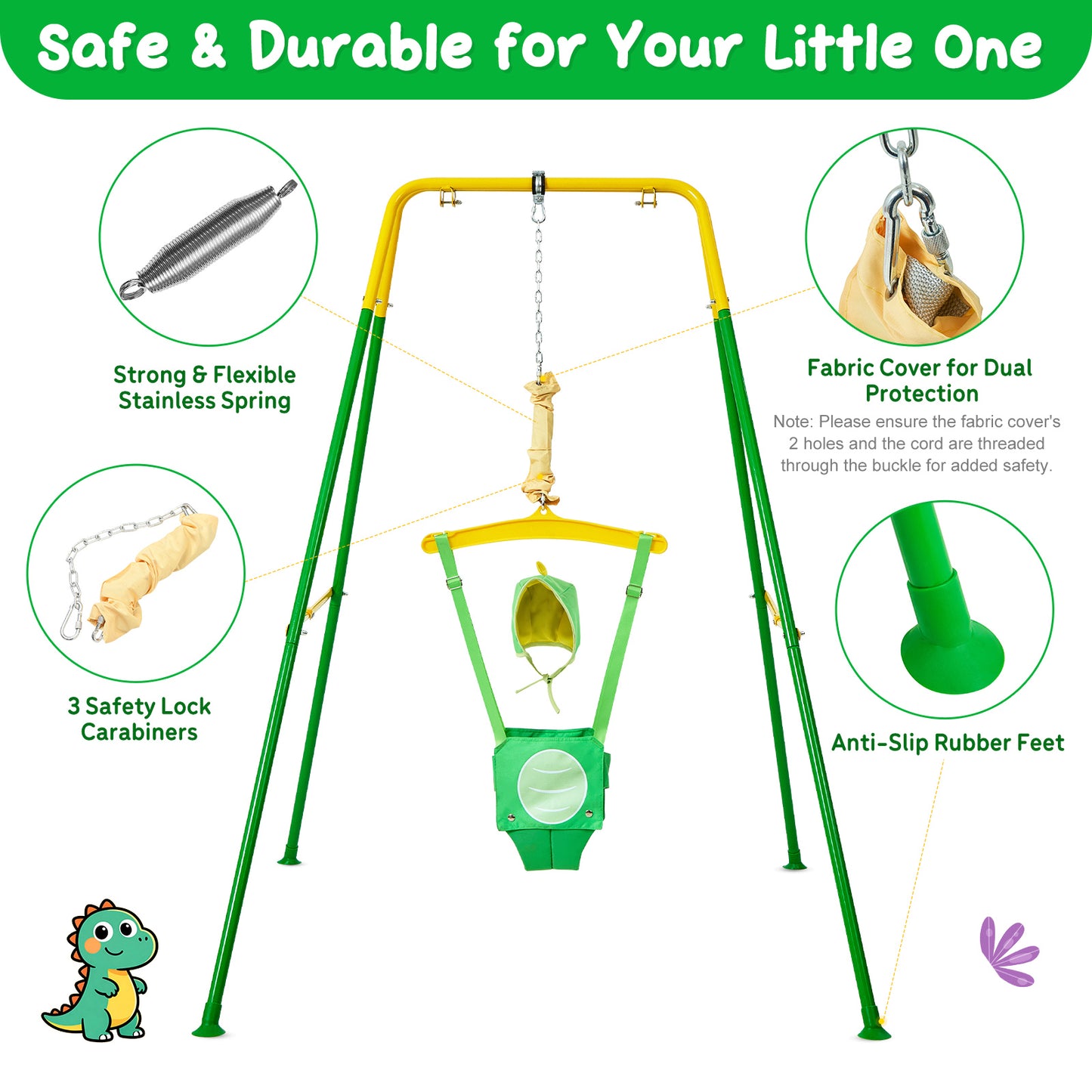 FUNLIO Baby Jumper with Stand for 6-24 Months, Infant Jumper for Indoor/Outdoor Play, Toddler Jumper for Baby Girl/Boy, with Adjustable Chain, Easy to Assemble & Store (with Stand) - Green Dinosaur