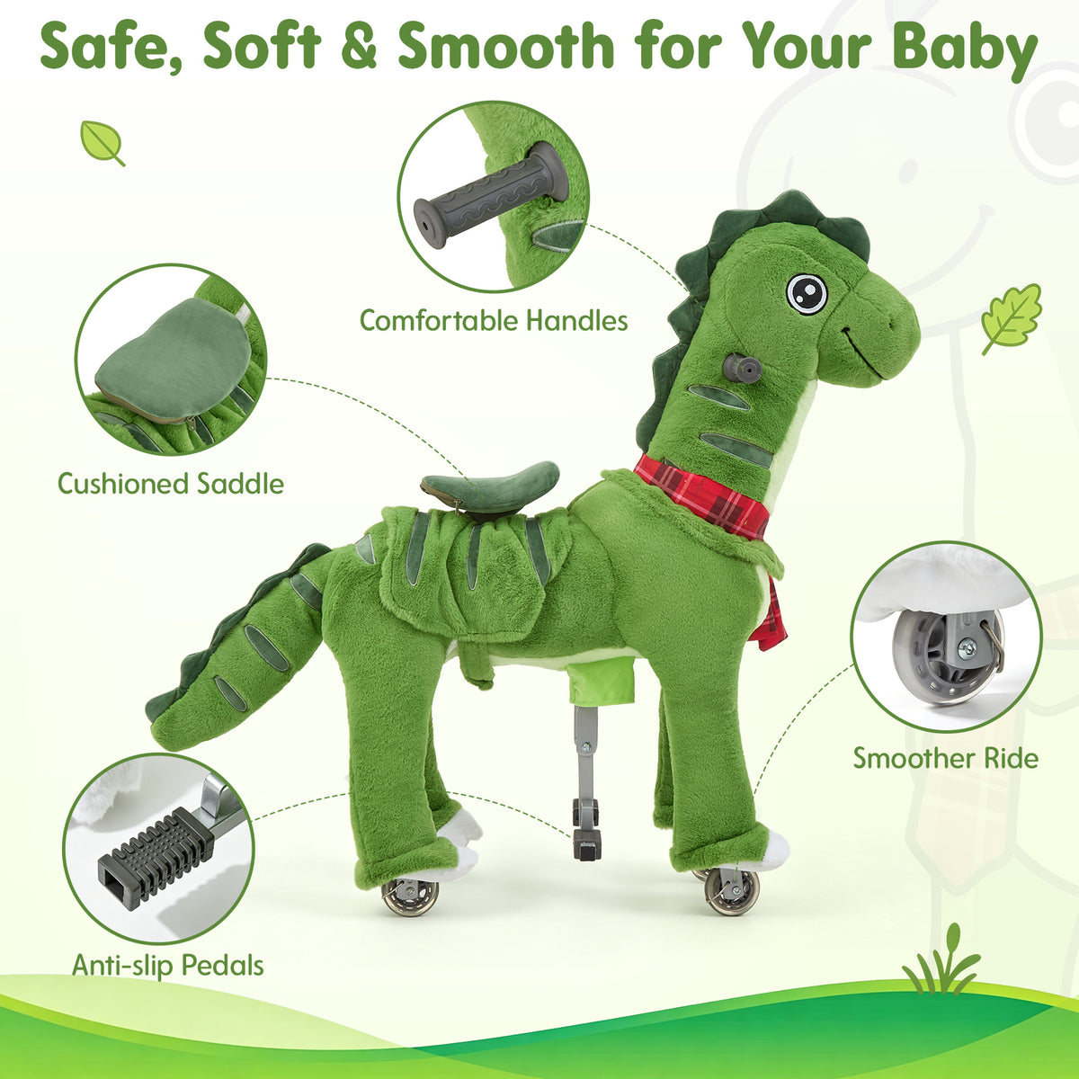 FUNLIO Ride on Dinosaur Horse for Kids 5-12, Plush Ride-On Toys with Wheels for Indoor & Outdoor Play, Easy to Assemble, CPC & CE Certified-Large