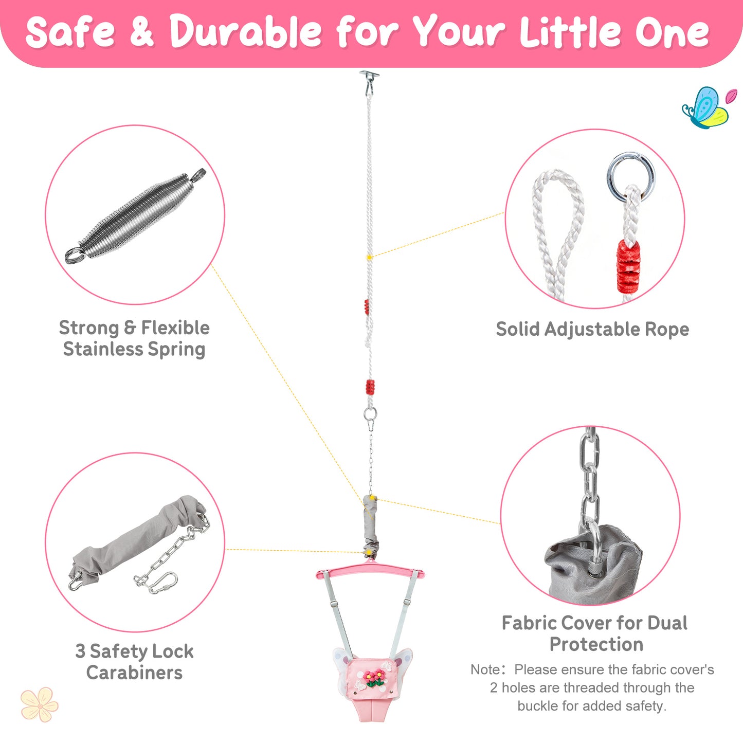 FUNLIO Baby Jumper with a Ceiling Hook for 6-24 Months, Baby Door Jumper for Indoor/Outdoor Play, Jumper Doorway with Adjustable Chain, Easy to Assemble & Store (with a Ceiling Hook) - Pink Butterfly