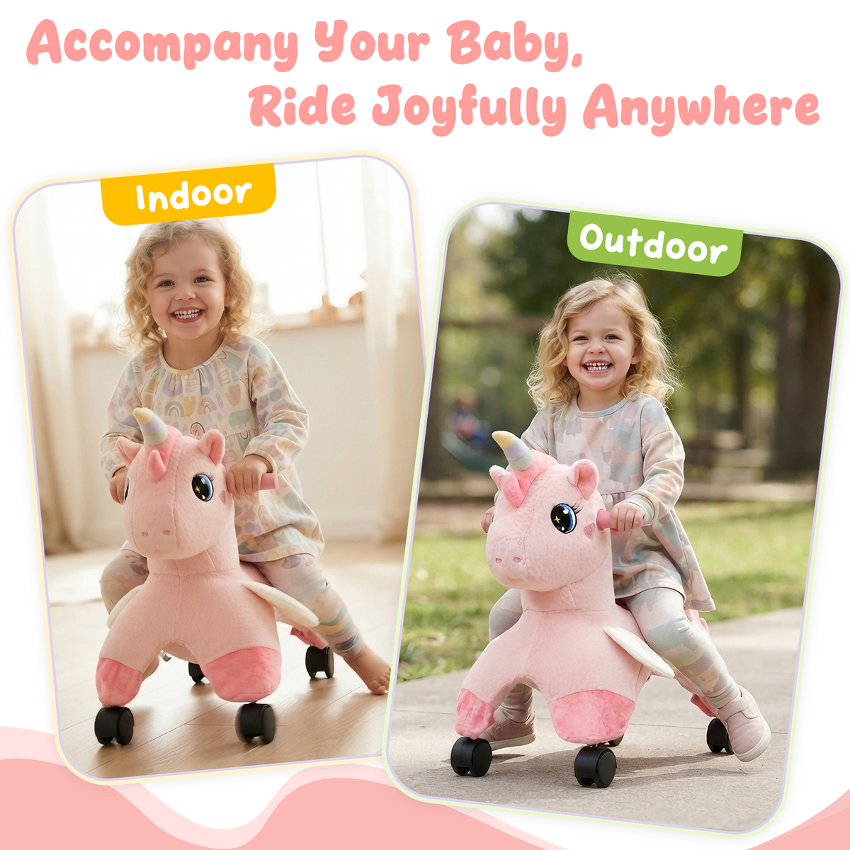 FUNLIO Unicorn Ride On Toys, Toddler Ride On Toys with 360° Wheels-Pink