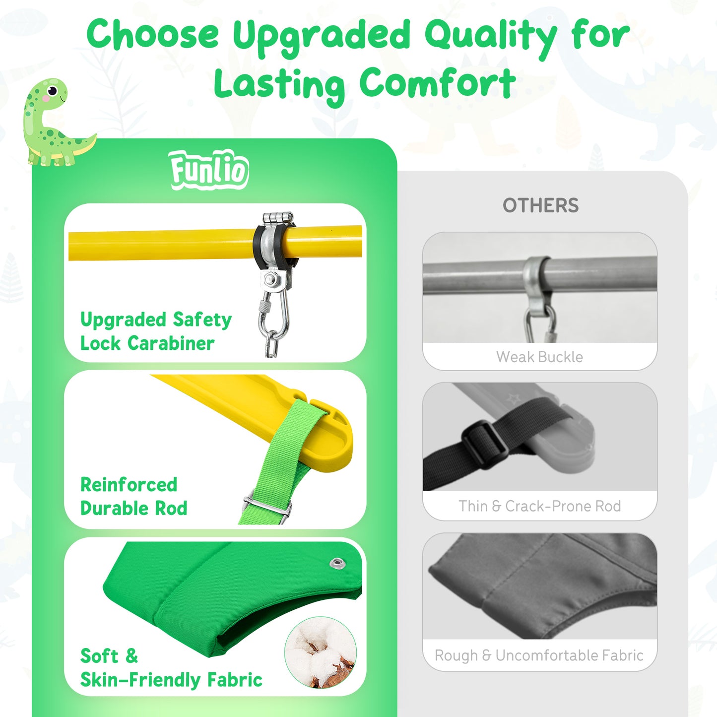 FUNLIO Baby Jumper with Stand for 6-24 Months, Infant Jumper for Indoor/Outdoor Play, Toddler Jumper for Baby Girl/Boy, with Adjustable Chain, Easy to Assemble & Store (with Stand) - Green Dinosaur