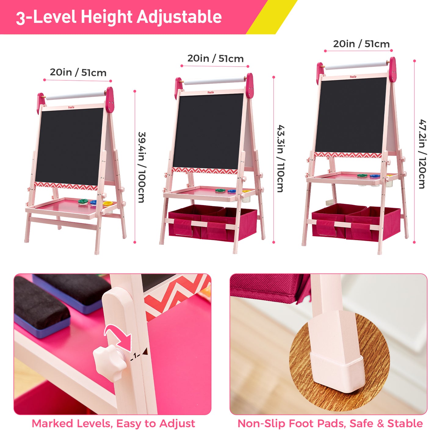 FUNLIO Kids Art Easel, 3 Height Adjustable for Kids, Pink