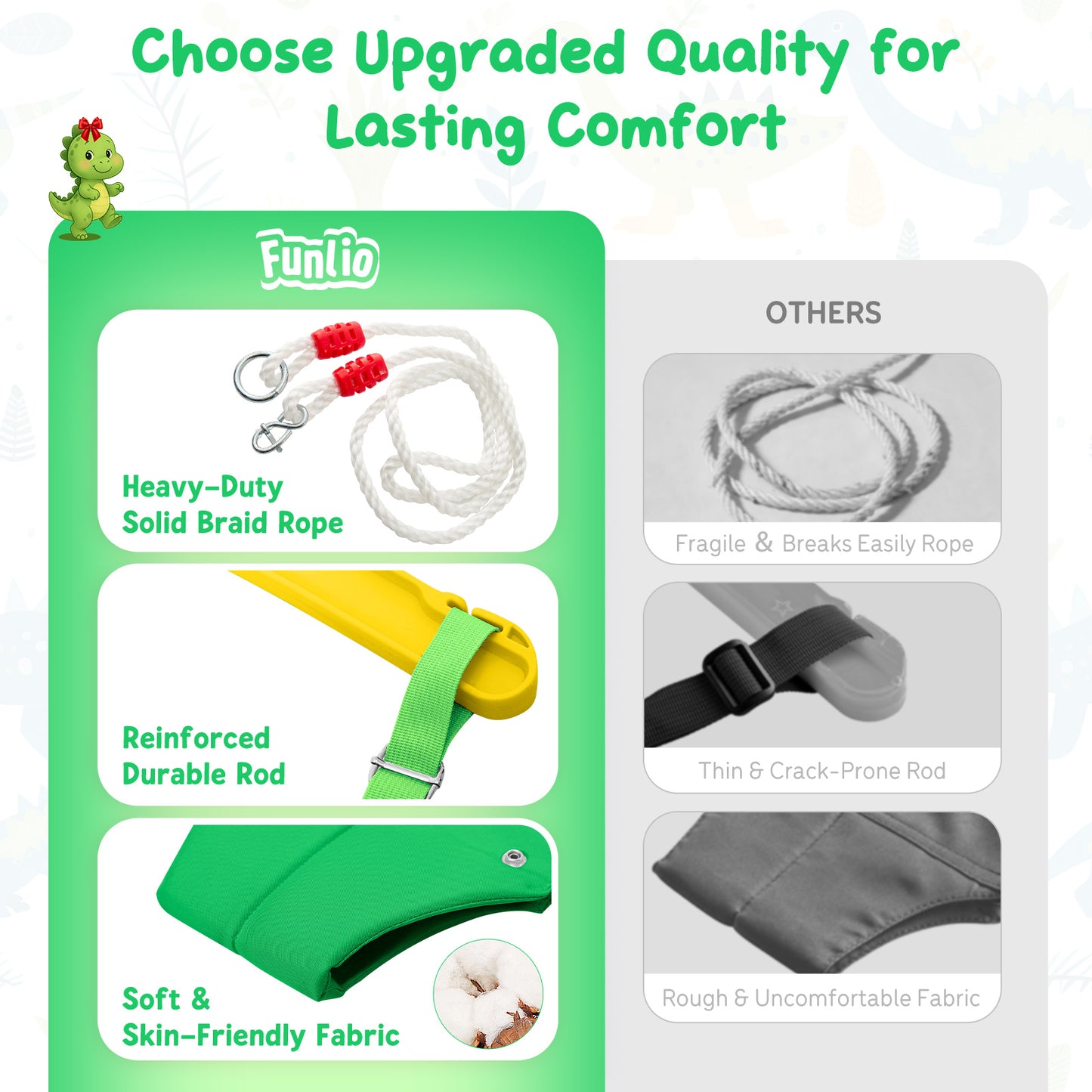 FUNLIO Baby Jumper with a Ceiling Hook for 6-24 Months, Baby Door Jumper for Indoor/Outdoor Play, Jumper Doorway with Adjustable Chain, Easy to Assemble & Store (with a Ceiling Hook) - Green Dinosaur