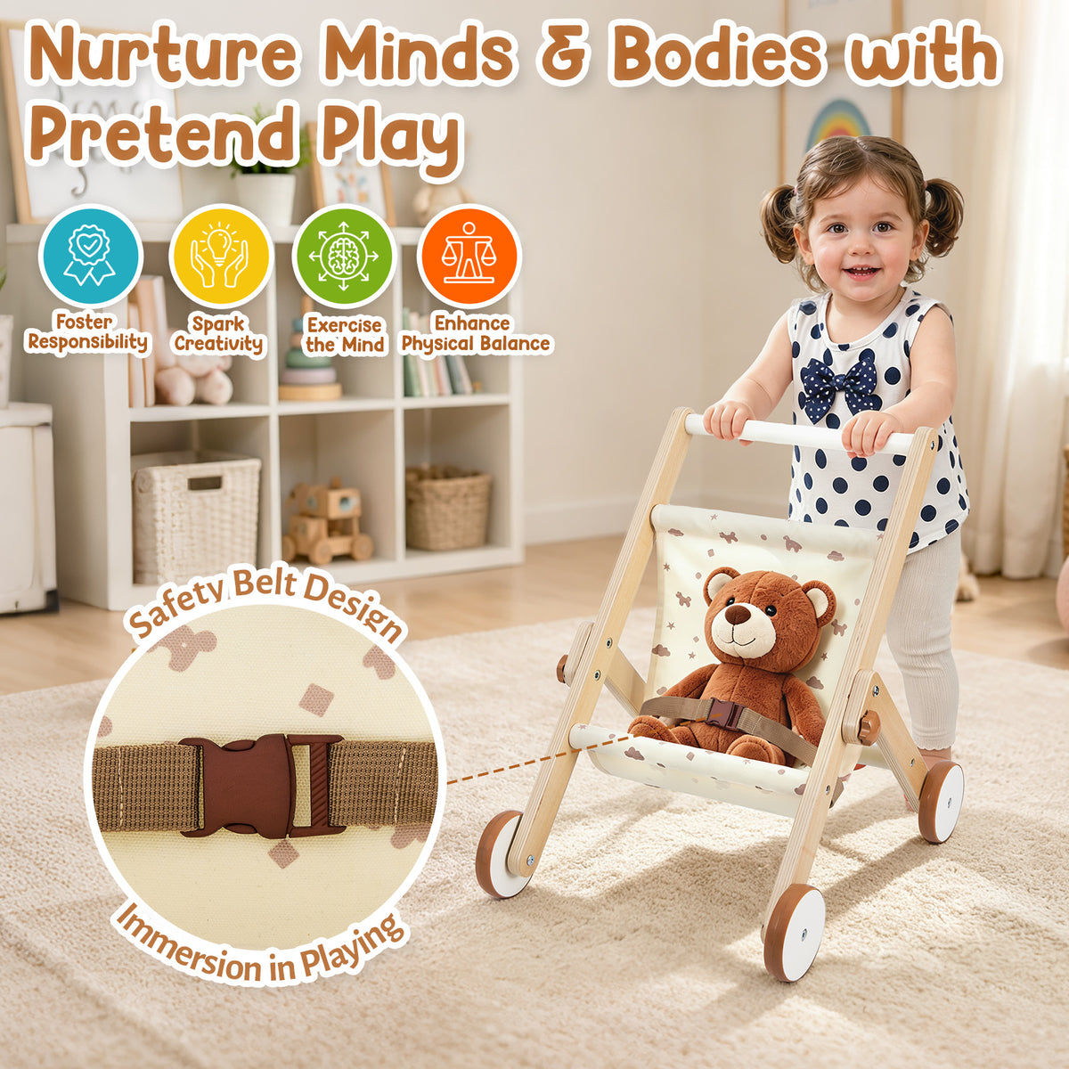 FUNLIO Wooden Doll Stroller for Toddlers 12 Months+，Natural
