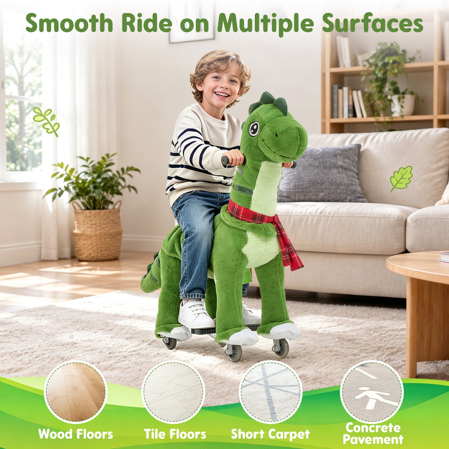 FUNLIO Ride on Dinosaur Horse for Kids 5-12, Plush Ride-On Toys with Wheels for Indoor & Outdoor Play, Easy to Assemble, CPC & CE Certified-Large