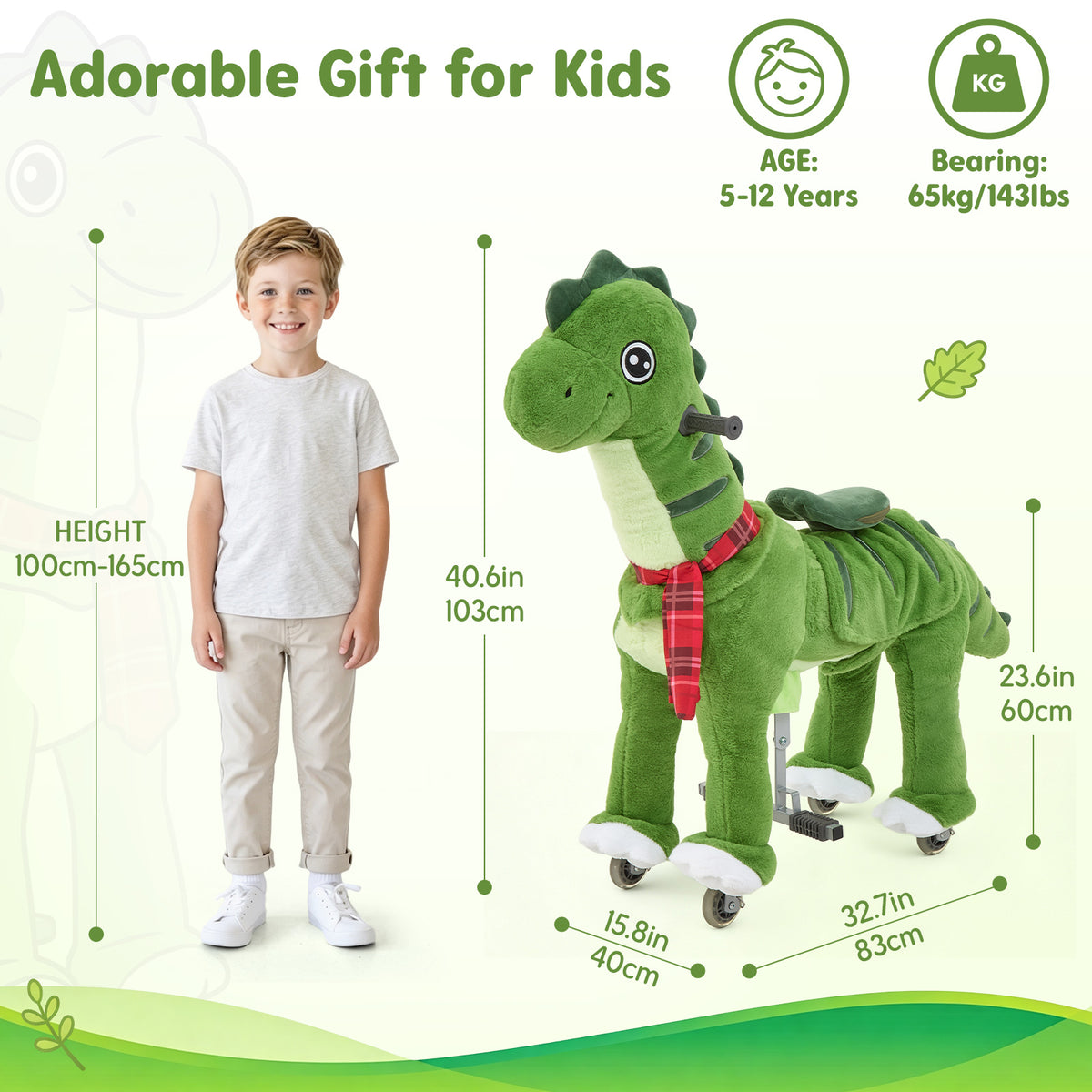 FUNLIO Ride on Dinosaur Horse for Kids 5-12, Plush Ride-On Toys with Wheels for Indoor & Outdoor Play, Easy to Assemble, CPC & CE Certified-Large