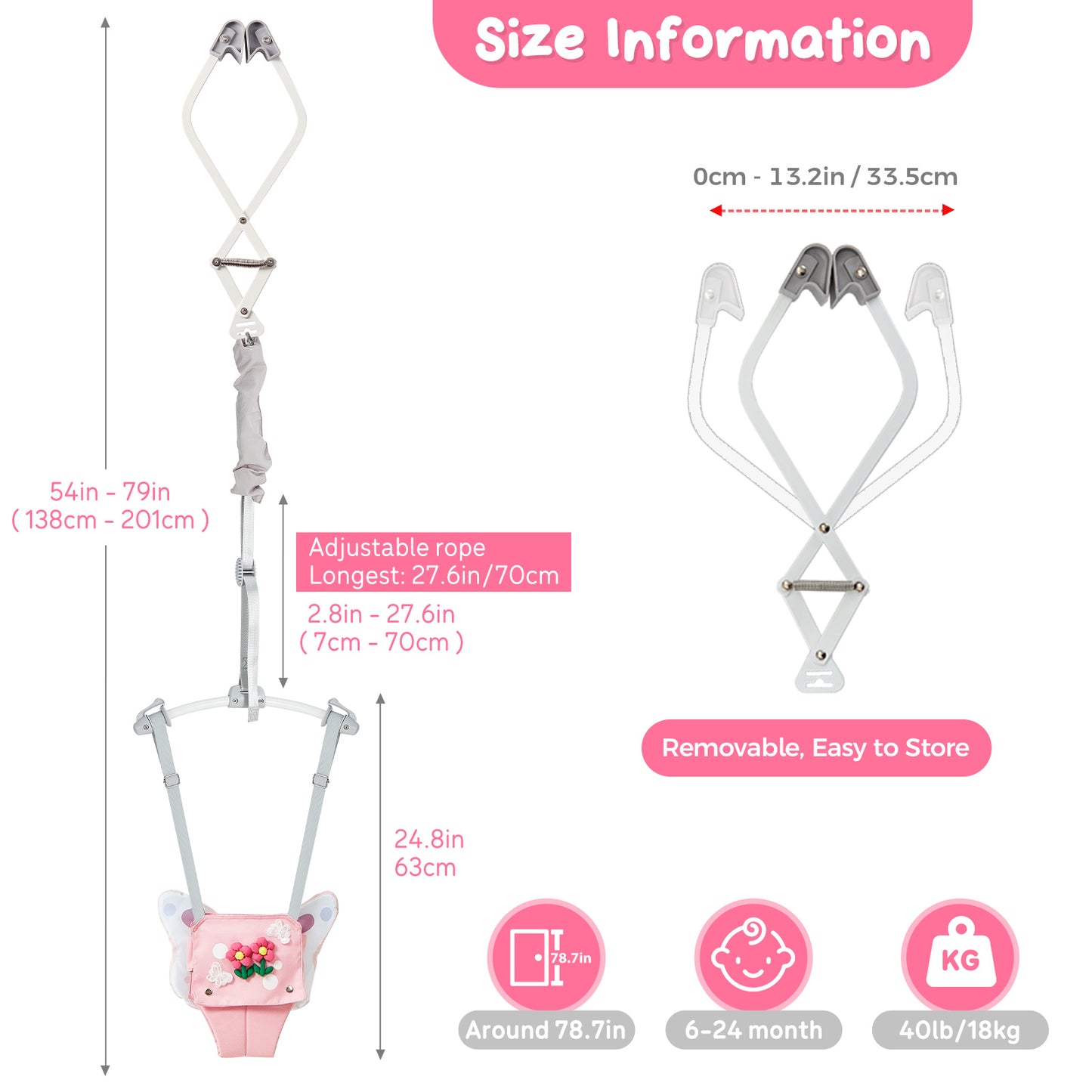 FUNLIO Baby Jumper da Porta per 6-24 Mesi (con Morsetto per Porta), Baby Jumper da Porta con Molla Robusta e Cinghia Regolabile, Sdraietta Portatile per Neonati, Portata 18 kg, Certificazione CPC e CE - Nero 
