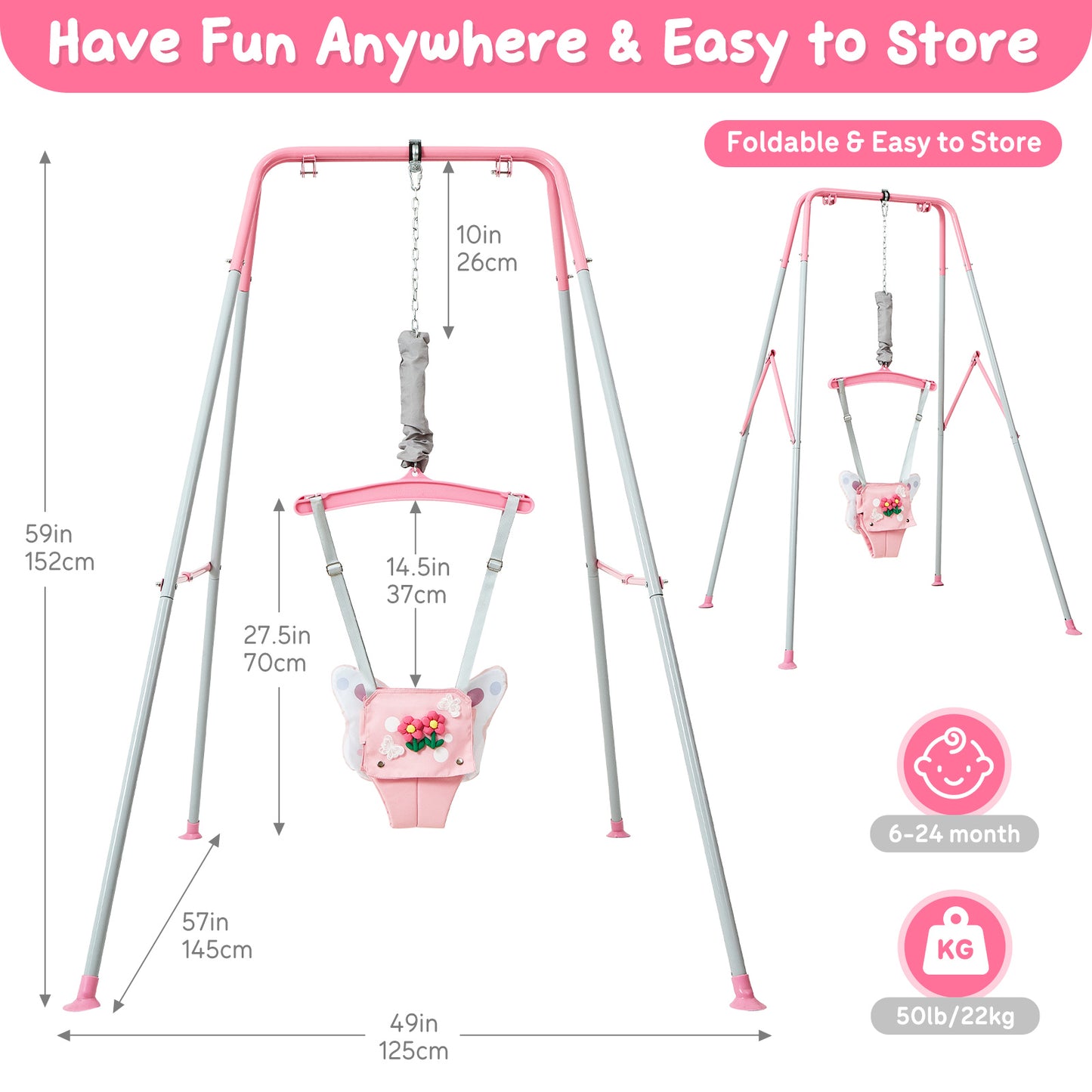 FUNLIO Baby Jumper with Stand for 6-24 Months, Infant Jumper for Indoor/Outdoor Play, Toddler Jumper for Baby Girl/Boy, with Adjustable Chain, Easy to Assemble & Store (with Stand) - Pink Butterfly