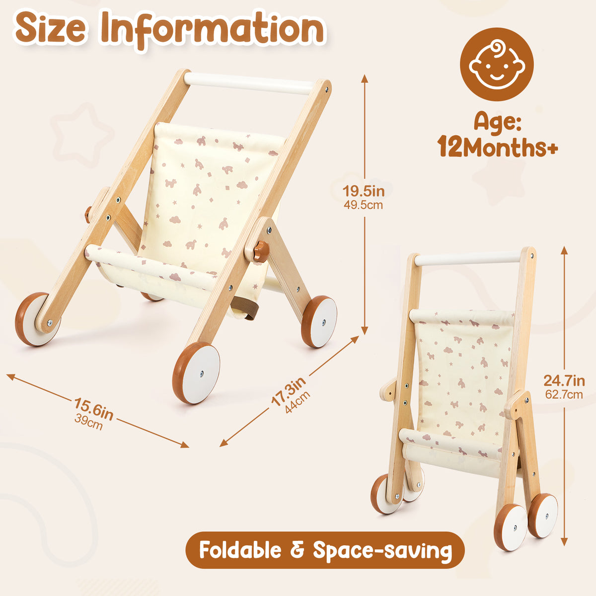 FUNLIO Wooden Doll Stroller for Toddlers 12 Months+，Natural