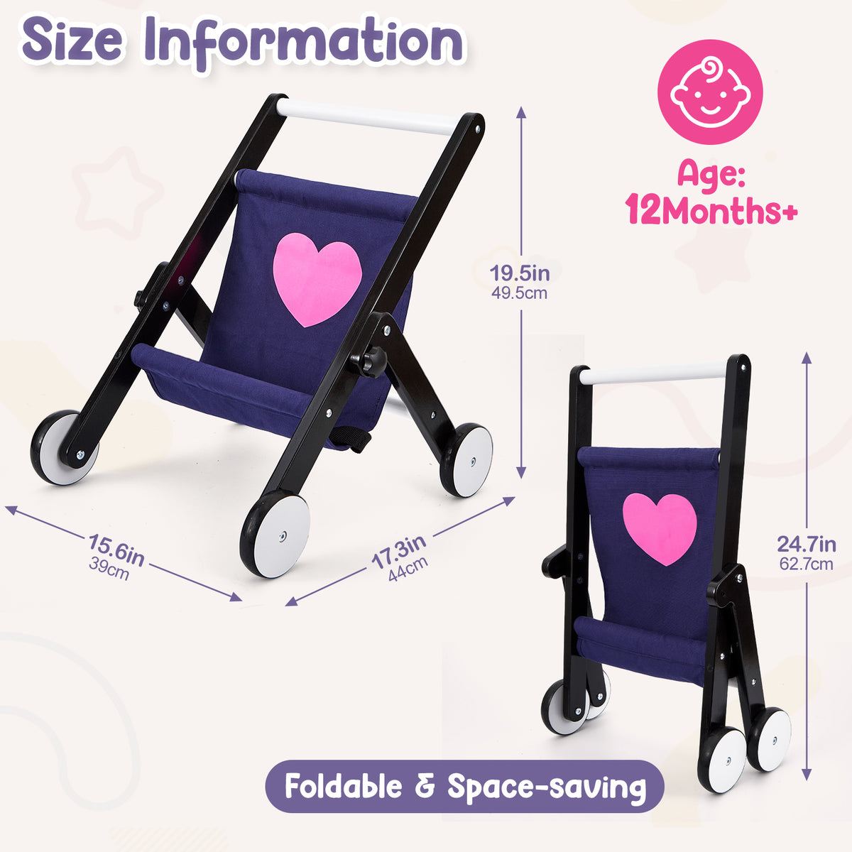 FUNLIO Wooden Doll Stroller for Toddlers 12 Months+，Black