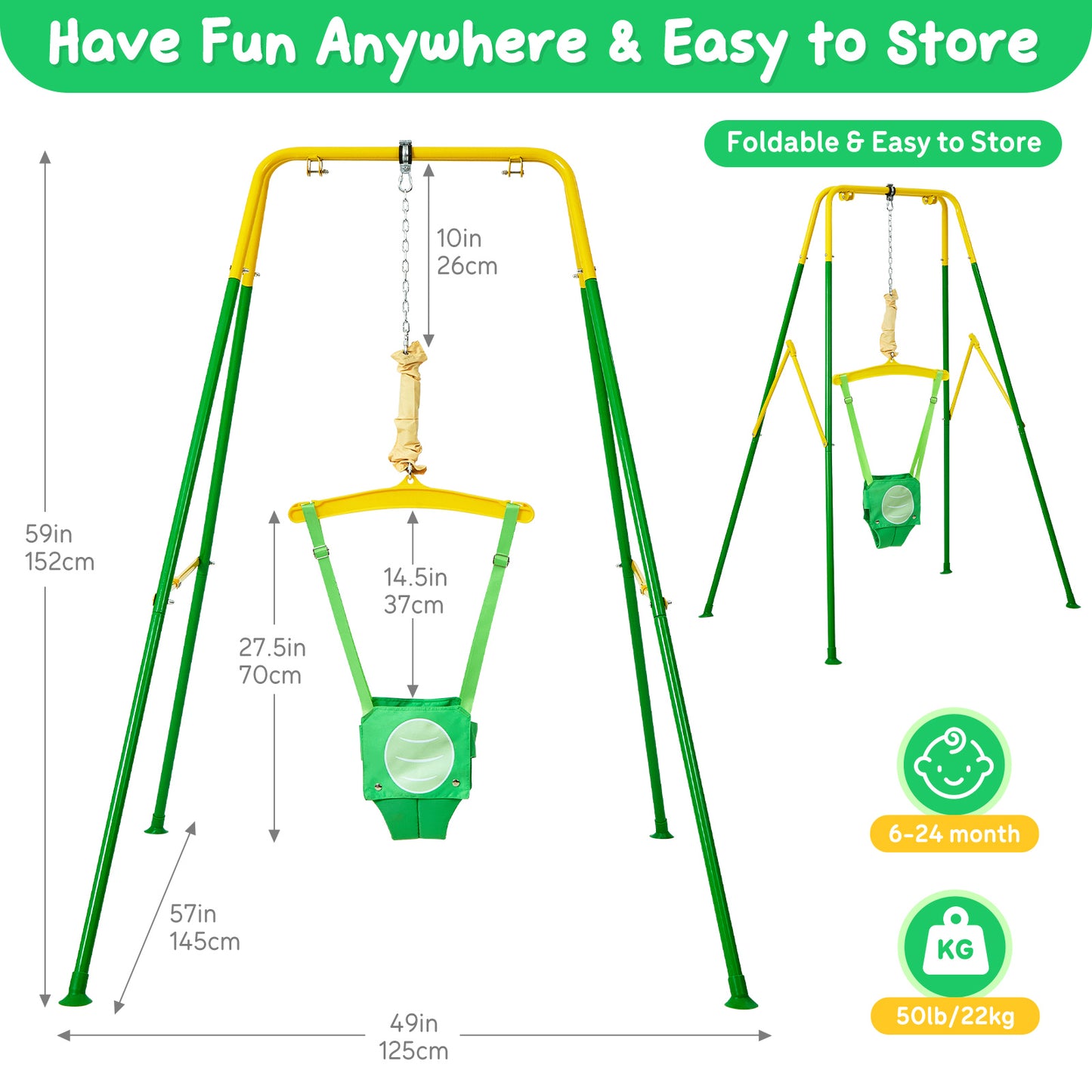 FUNLIO Baby Jumper with Stand for 6-24 Months, Infant Jumper for Indoor/Outdoor Play, Toddler Jumper for Baby Girl/Boy, with Adjustable Chain, Easy to Assemble & Store (with Stand) - Green Dinosaur