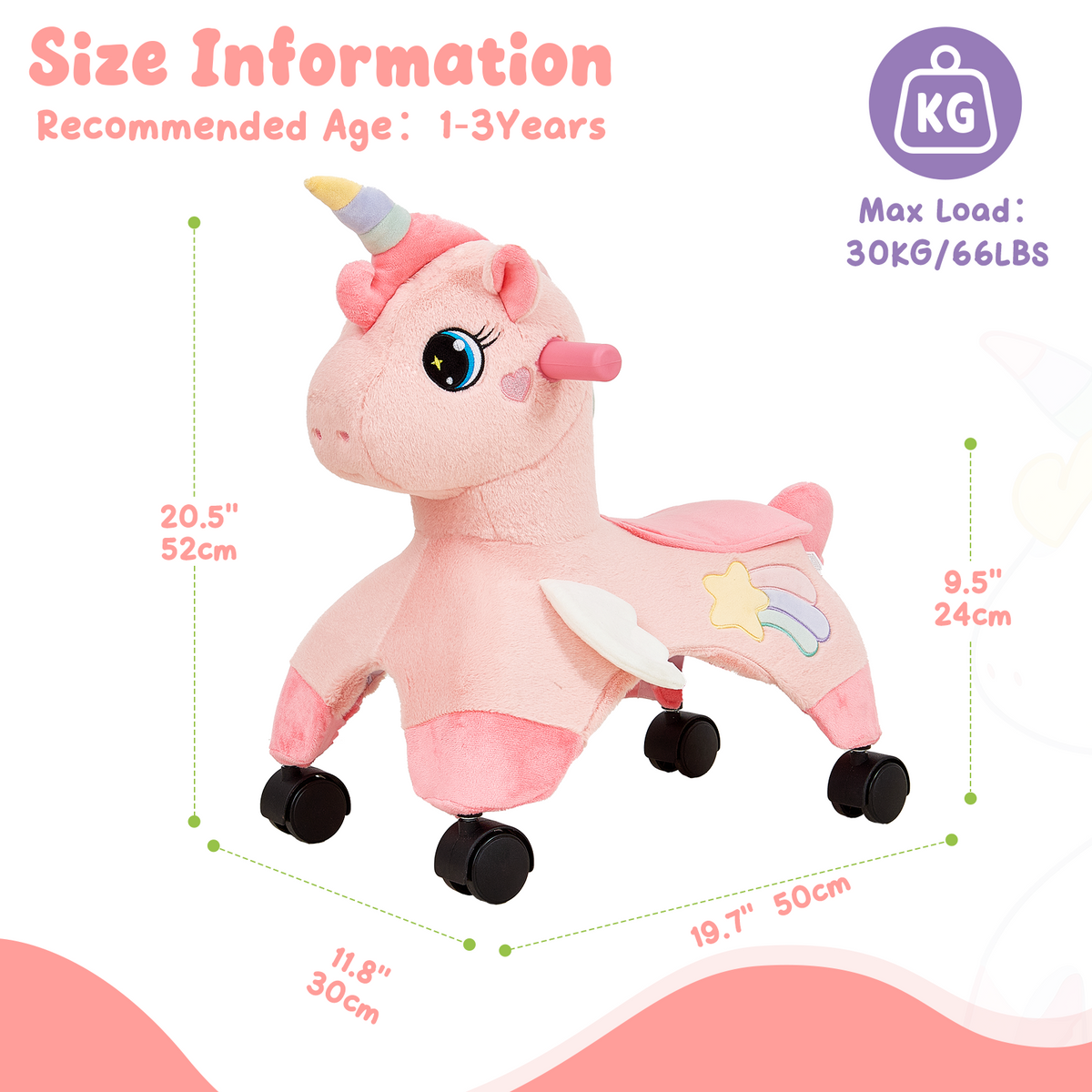 FUNLIO Unicorn Ride On Toys, Toddler Ride On Toys with 360° Wheels-Pink