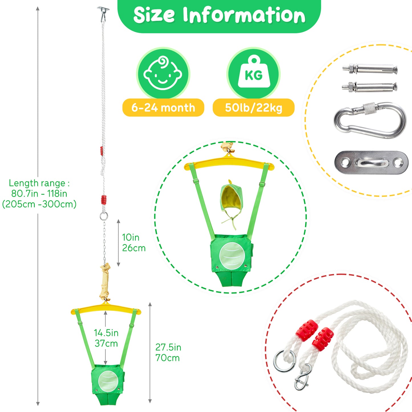 FUNLIO Baby Jumper with a Ceiling Hook for 6-24 Months, Baby Door Jumper for Indoor/Outdoor Play, Jumper Doorway with Adjustable Chain, Easy to Assemble & Store (with a Ceiling Hook) - Green Dinosaur