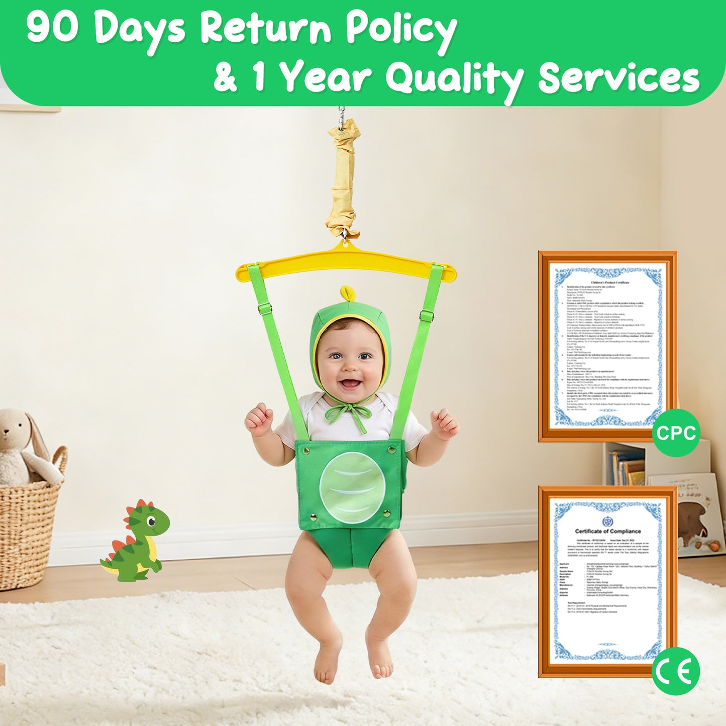 FUNLIO Baby Jumper with a Ceiling Hook for 6-24 Months, Baby Door Jumper for Indoor/Outdoor Play, Jumper Doorway with Adjustable Chain, Easy to Assemble & Store (with a Ceiling Hook) - Green Dinosaur