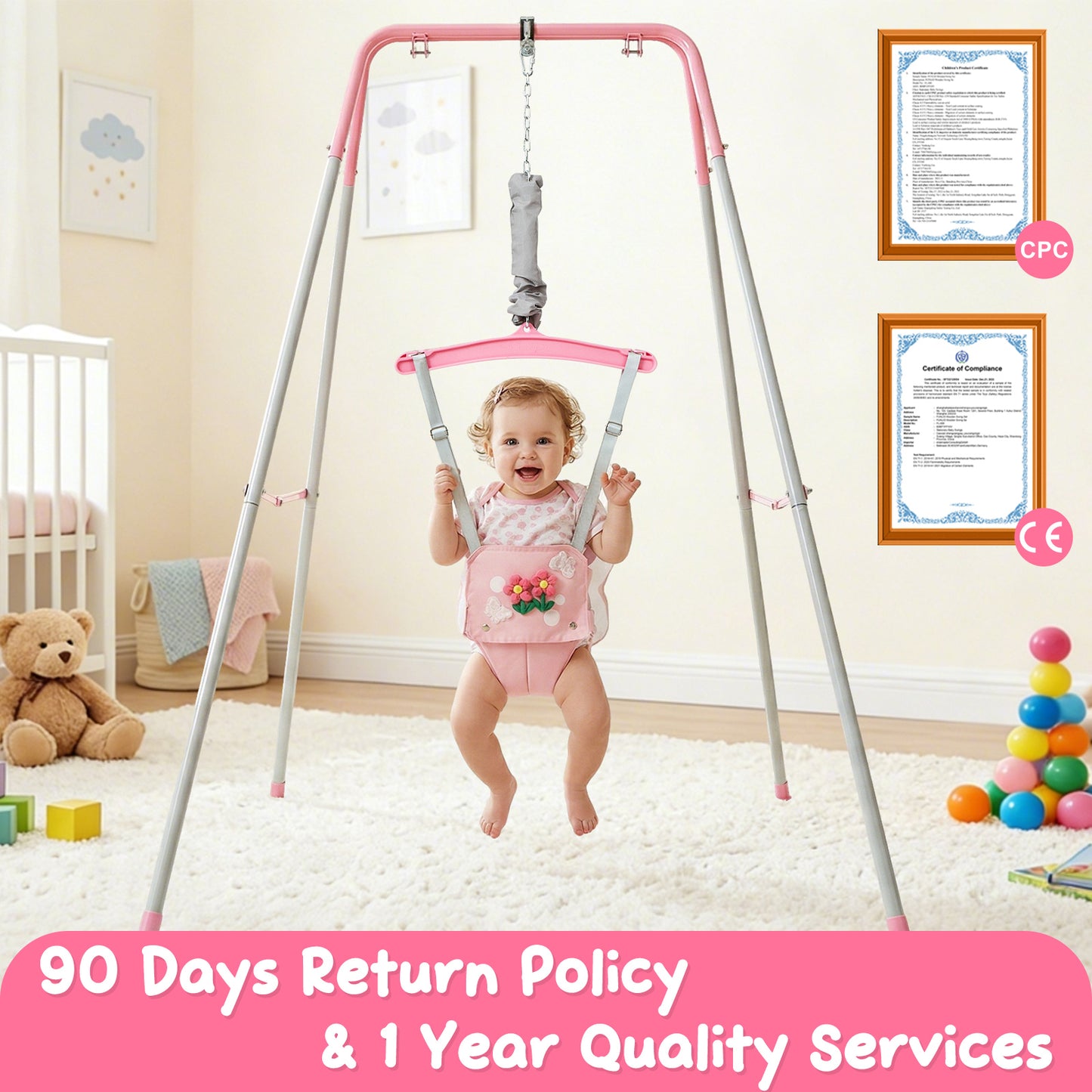FUNLIO Baby Jumper with Stand for 6-24 Months, Infant Jumper for Indoor/Outdoor Play, Toddler Jumper for Baby Girl/Boy, with Adjustable Chain, Easy to Assemble & Store (with Stand) - Pink Butterfly