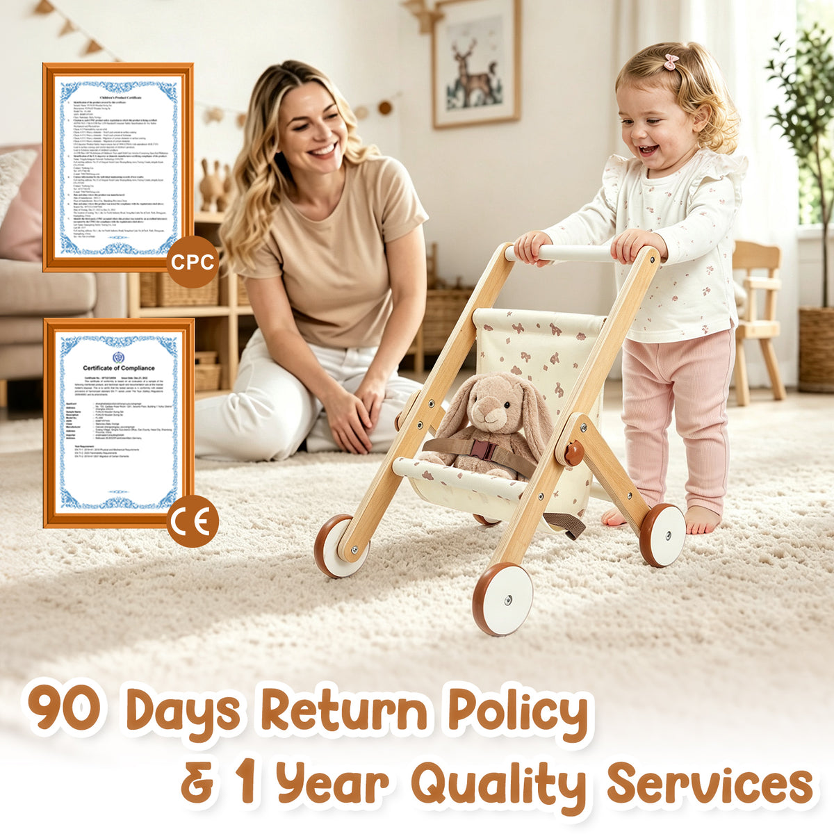 FUNLIO Wooden Doll Stroller for Toddlers 12 Months+，Natural