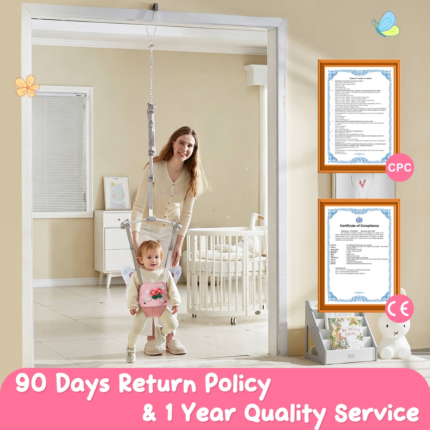 FUNLIO Baby Jumper da Porta per 6-24 Mesi (con Morsetto per Porta), Baby Jumper da Porta con Molla Robusta e Cinghia Regolabile, Sdraietta Portatile per Neonati, Portata 18 kg, Certificazione CPC e CE - Nero 