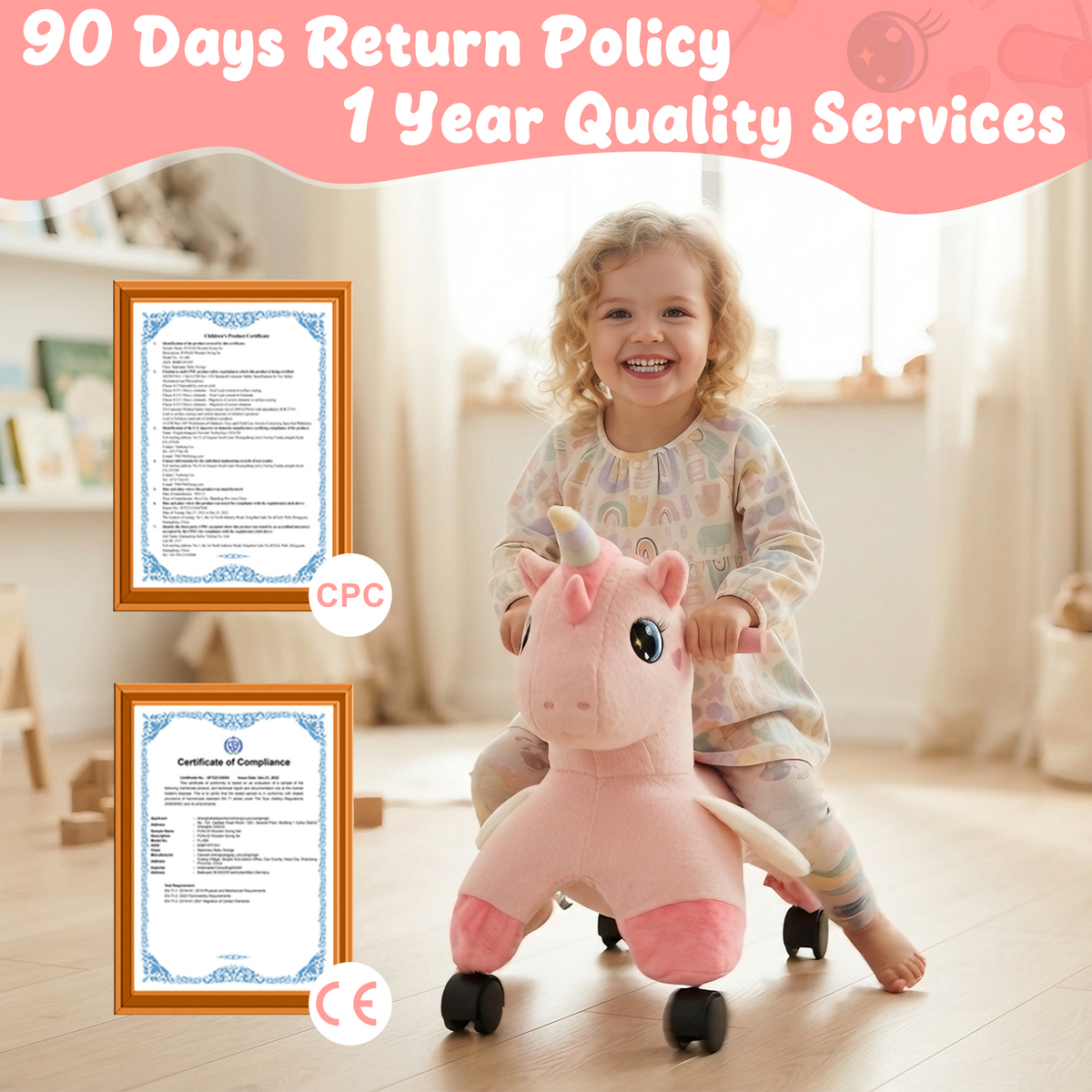 FUNLIO Unicorn Ride On Toys, Toddler Ride On Toys with 360° Wheels-Pink