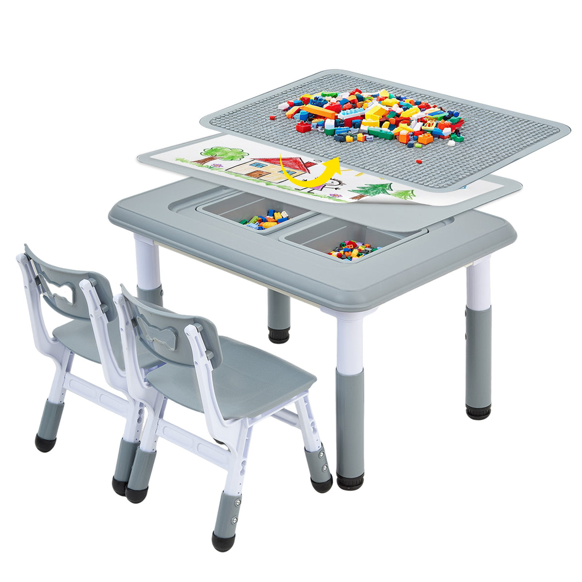 FUNLIO Kids Activity Table & 2Chairs Set, Adjustable Heights, Storage, Grey