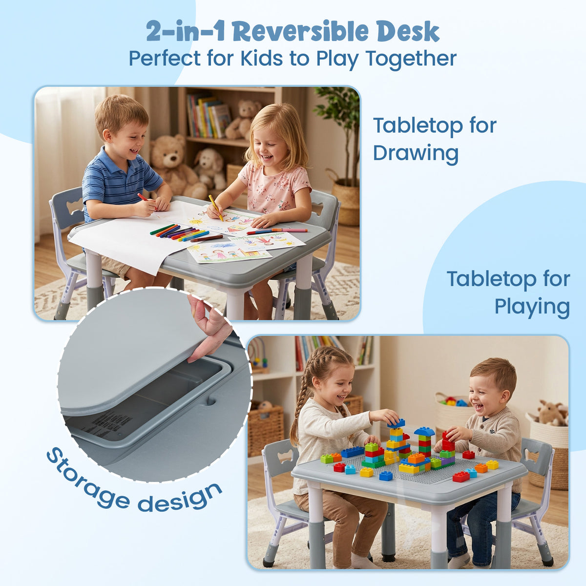 FUNLIO Kids Activity Table & 2Chairs Set, Adjustable Heights, Storage, Grey