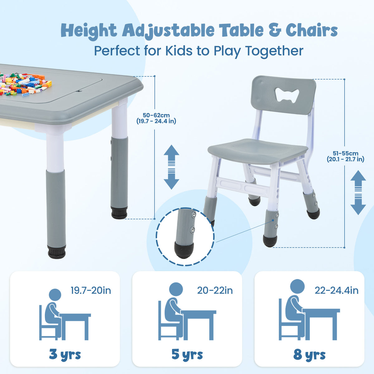 FUNLIO Kids Activity Table & 2Chairs Set, Adjustable Heights, Storage, Grey