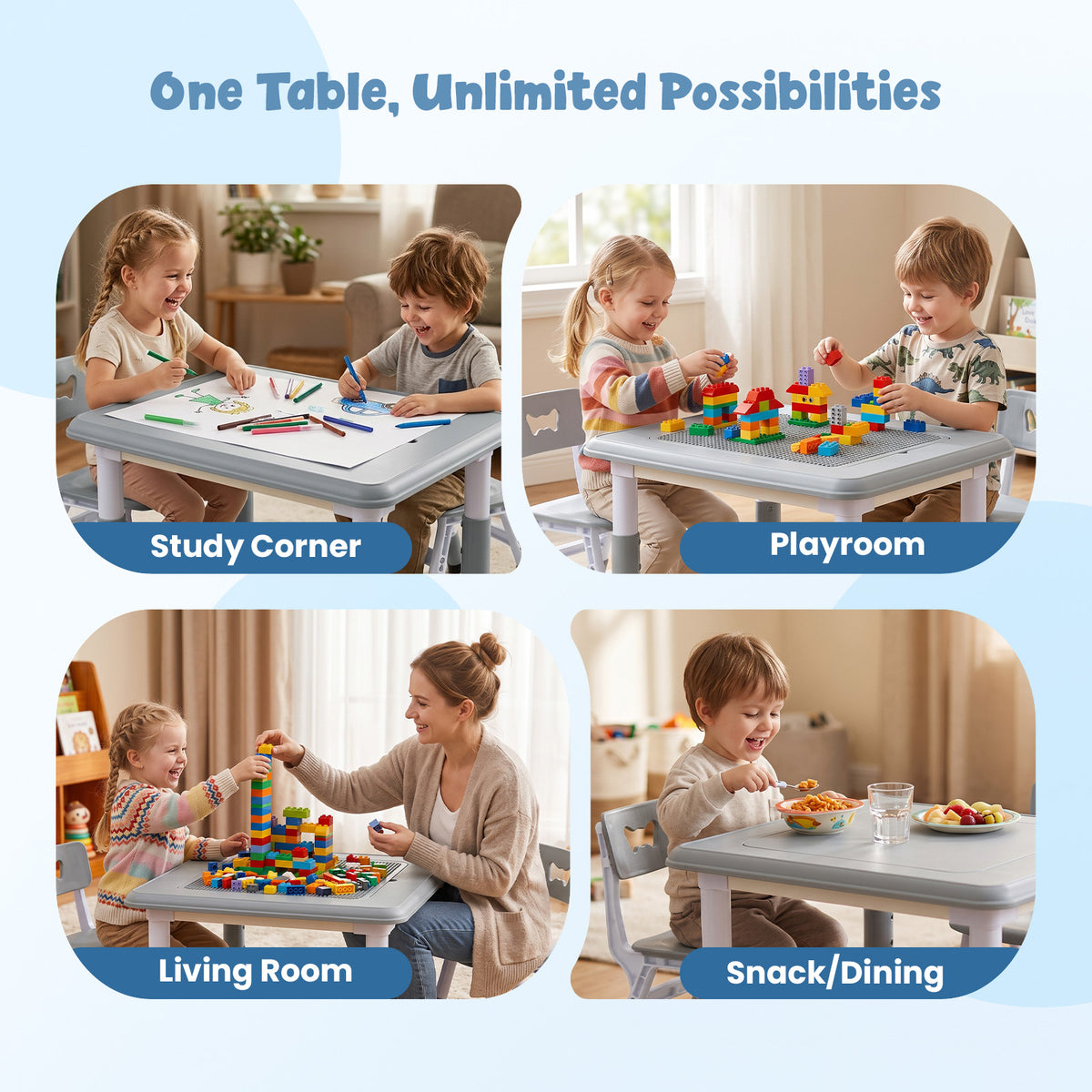 FUNLIO Kids Activity Table & 2Chairs Set, Adjustable Heights, Storage, Grey