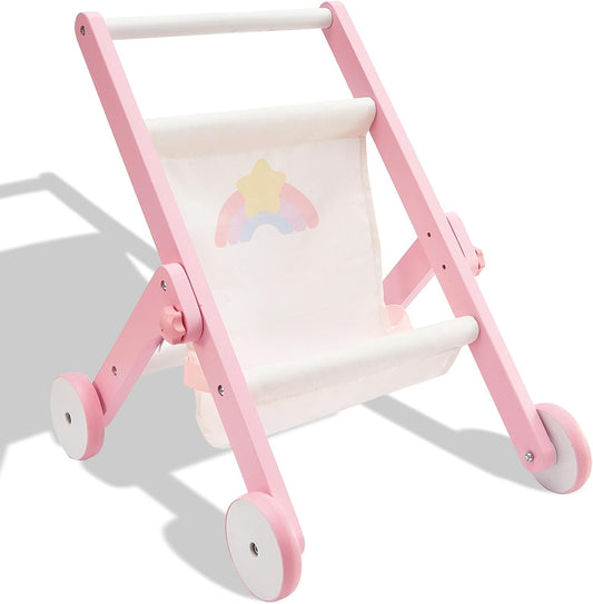 FUNLIO Wooden Doll Stroller for Toddlers 12 Months+, Adorable Pink Baby Doll Strollers for Pretend Play, Rounded Corner & Stable Triangular Structure, Easy to Assemble & Fold, CPC & CE Certified