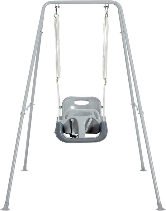 FUNLIO 3-in-1 Toddler Swing Set with 4 Sandbags, Indoor/Outdoor Baby Swing with Foldable Metal Stand, Kids Swing Set for Backyard, Clear Instructions, Easy to Assemble & Store, Grey