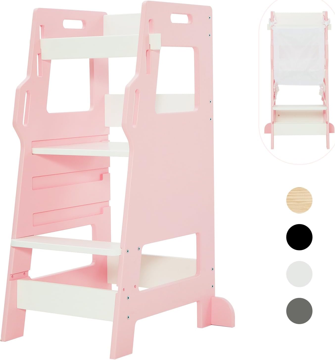 FUNLIO Toddler Tower with Safety Net, Kids Kitchen Step Stool, 3-Level Height Adjustable Toddler Stool Helper, Montessori Child Standing Tower, Easy to Assemble, CPC Approved - Pink