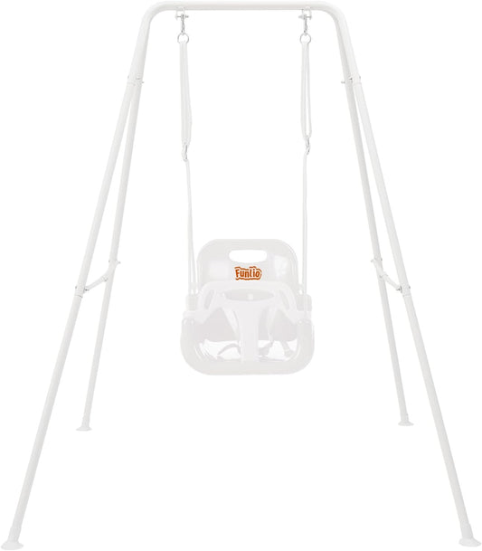 FUNLIO 3-in-1 Toddler Swing Set with 4 Sandbags, Indoor/Outdoor Baby Swing with Foldable Metal Stand, Kids Swing Set for Backyard, Clear Instructions, Easy to Assemble & Store, White