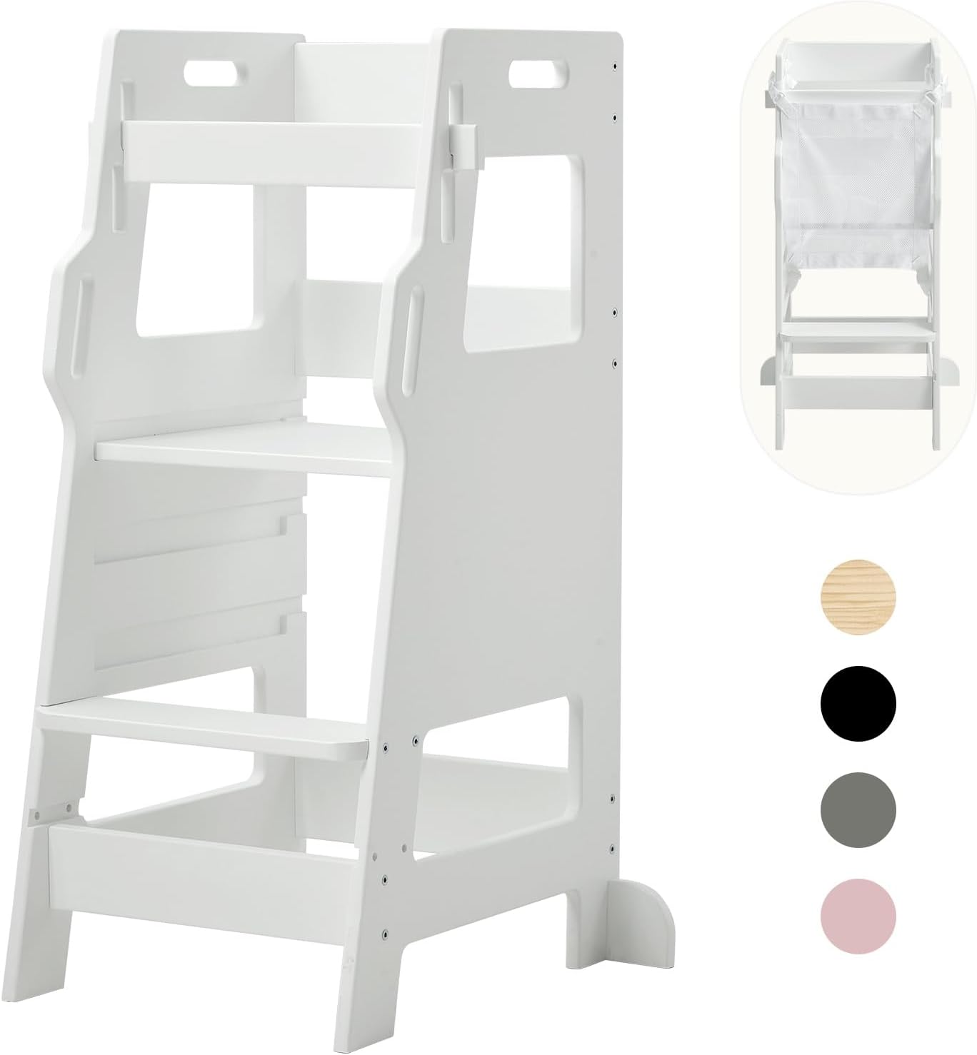 FUNLIO Toddler Tower with Safety Net, Kids Kitchen Step Stool, 3-Level Height Adjustable Toddler Stool Helper, Montessori Child Standing Tower, Easy to Assemble, CPC Approved - White