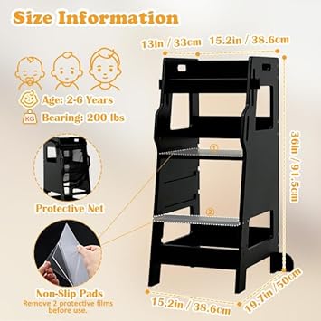 FUNLIO Toddler Tower with Safety Net, Kids Kitchen Step Stool, 3-Level Height Adjustable Toddler Stool Helper, Montessori Child Standing Tower, Easy to Assemble, CPC Approved - Black