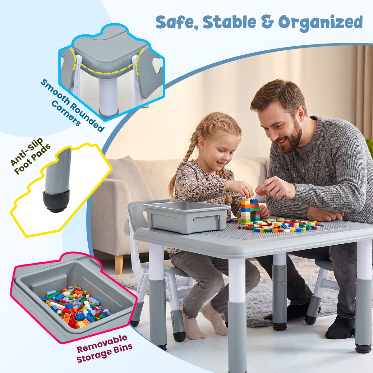 FUNLIO Kids Activity Table & 2Chairs Set, Adjustable Heights, Storage, Grey