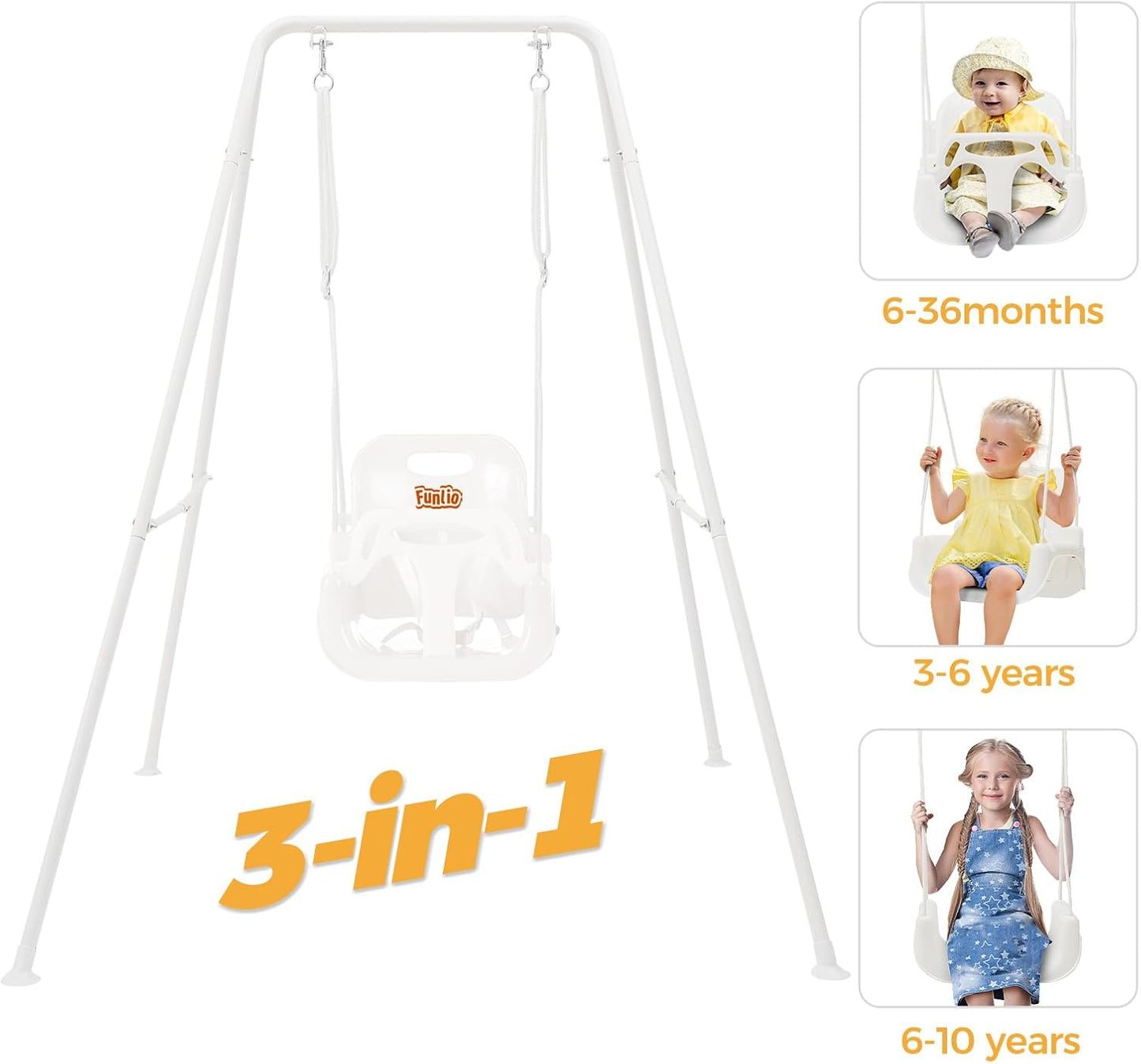 FUNLIO 3-in-1 Toddler Swing Set with 4 Sandbags, Indoor/Outdoor Baby Swing with Foldable Metal Stand, Kids Swing Set for Backyard, Clear Instructions, Easy to Assemble & Store, White