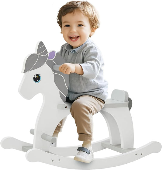 FUNLIO Pony Wooden Rocking Horse Ages 1-3, Charming Baby Rocking Horse with Long Seat & Backrest, Easy to Assemble Toddler Ride on Toys, CPC & CE Certified - Gray