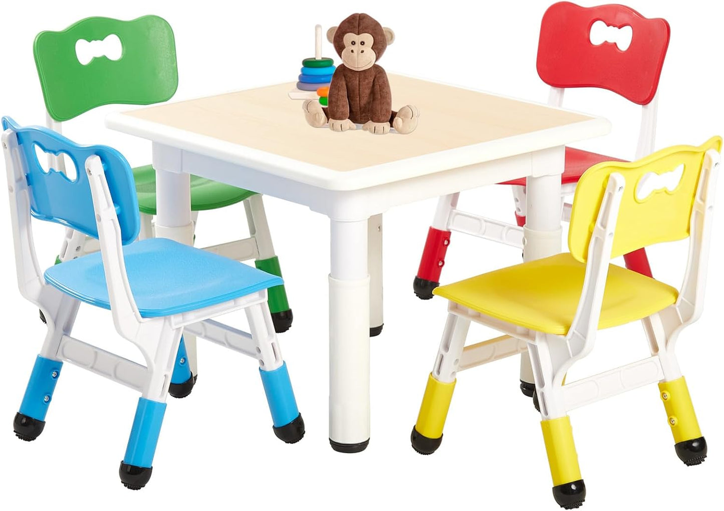 FUNLIO Kids Table and 4 Chairs Set for Ages 3-8, Height Adjustable Toddler Table and Chair Set, Easy to Wipe Arts & Crafts Table, for Classrooms/Homes/Daycares, CPC & CE Approved(5 pcs set)-Multicolor