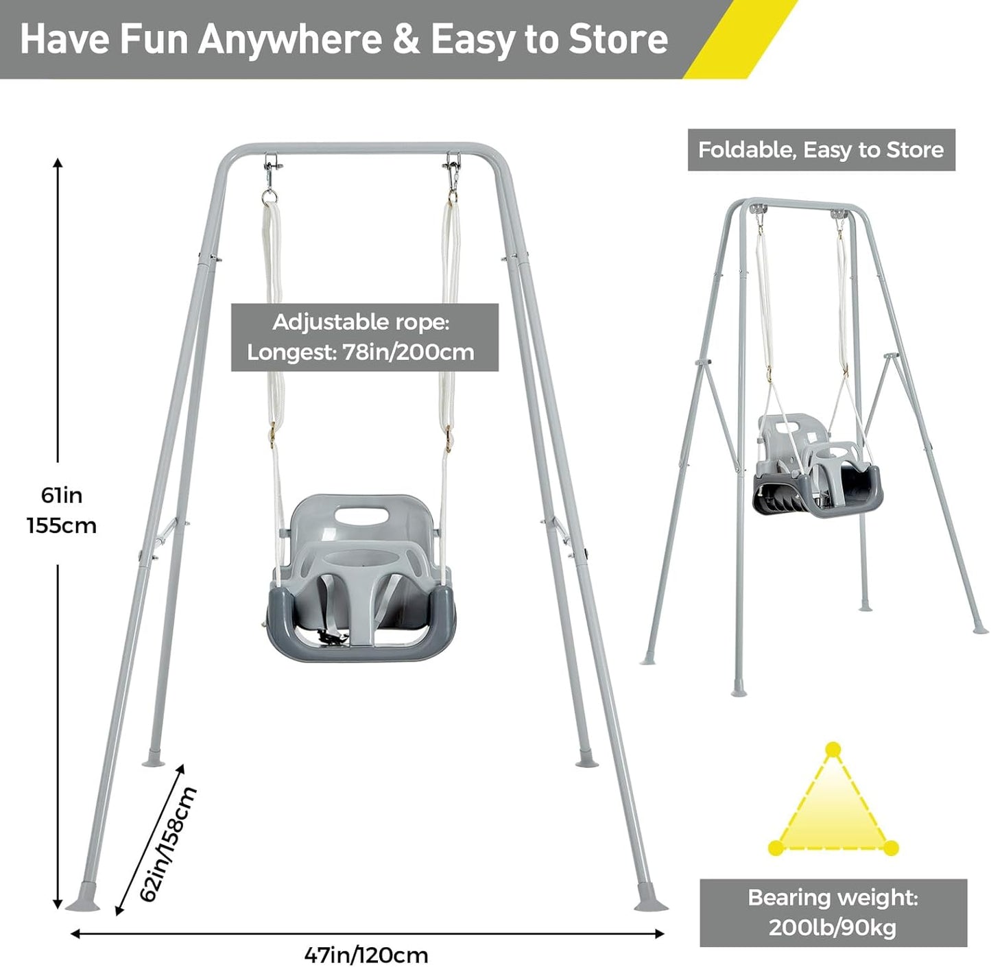 FUNLIO 3-in-1 Toddler Swing Set with 4 Sandbags, Indoor/Outdoor Baby Swing with Foldable Metal Stand, Kids Swing Set for Backyard, Clear Instructions, Easy to Assemble & Store, Grey