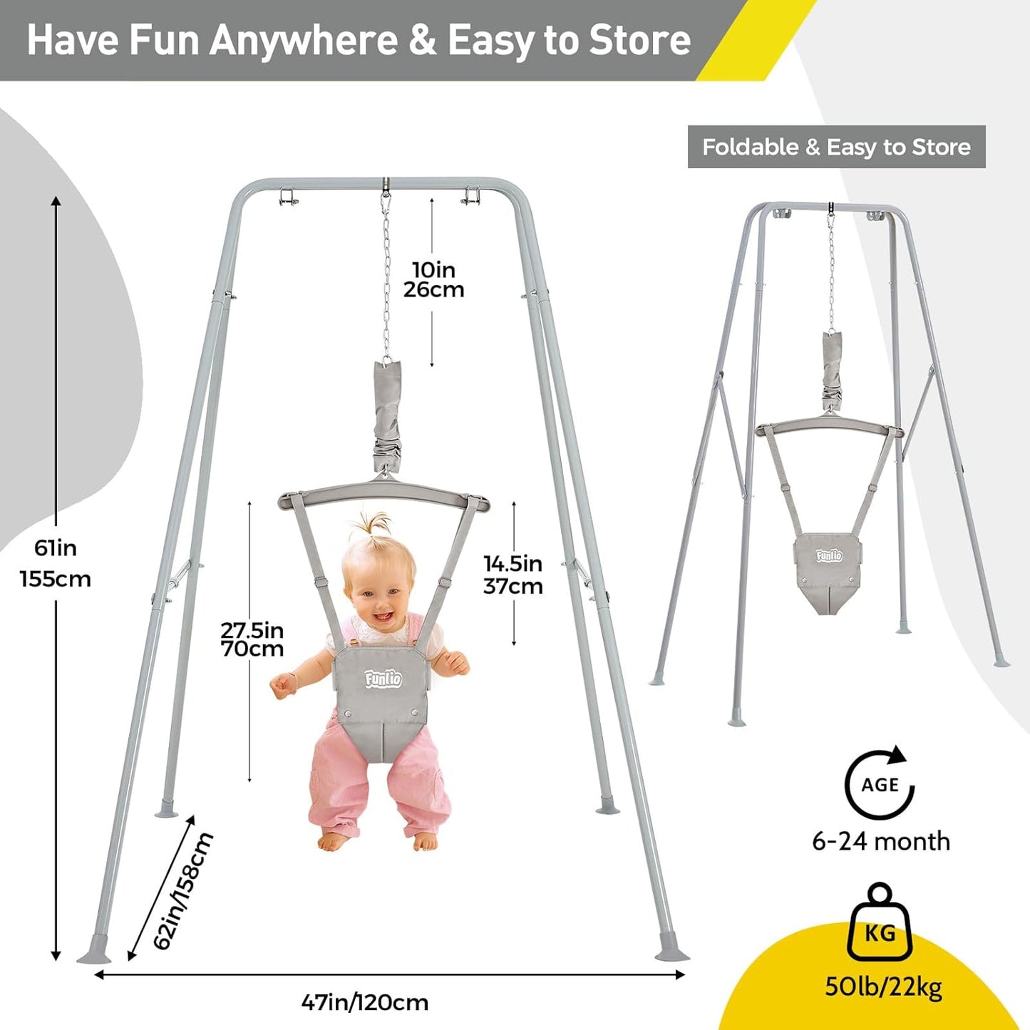 FUNLIO Baby Jumper with Stand for 6-24 Months, Infant Jumper for Indoor/Outdoor Play, Toddler Jumper for Baby Girl/Boy, with Adjustable Chain, Easy to Assemble & Store (with Stand) - Grey