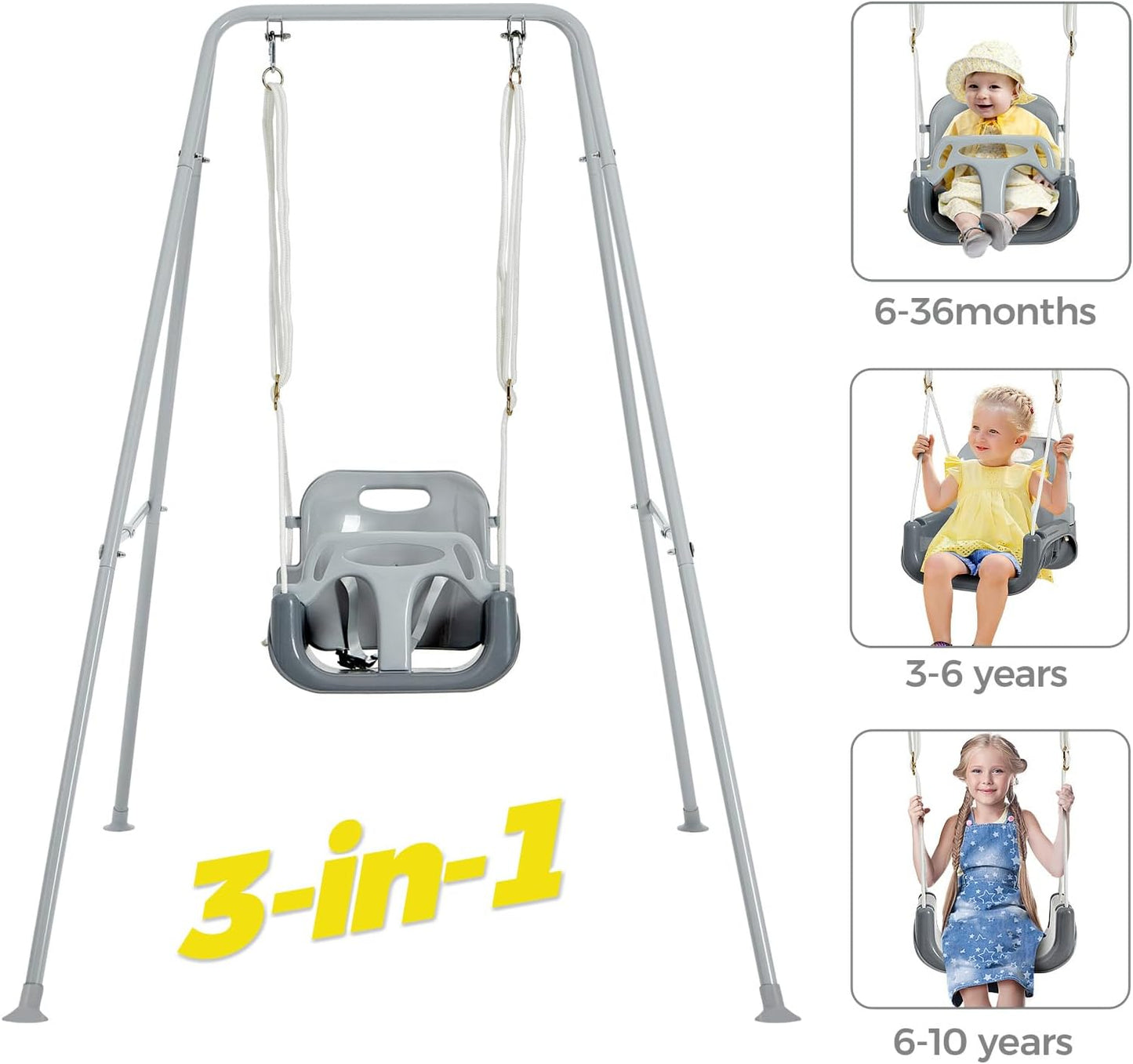 FUNLIO 3-in-1 Toddler Swing Set with 4 Sandbags, Indoor/Outdoor Baby Swing with Foldable Metal Stand, Kids Swing Set for Backyard, Clear Instructions, Easy to Assemble & Store, Grey