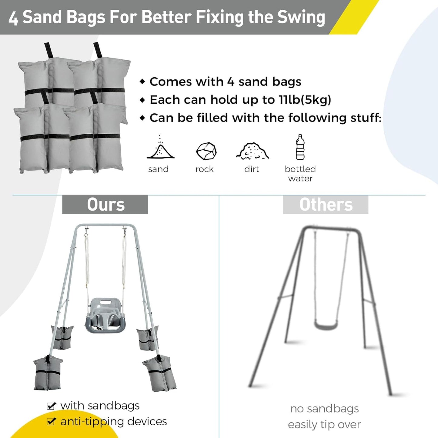 FUNLIO 3-in-1 Toddler Swing Set with 4 Sandbags, Indoor/Outdoor Baby Swing with Foldable Metal Stand, Kids Swing Set for Backyard, Clear Instructions, Easy to Assemble & Store, Grey