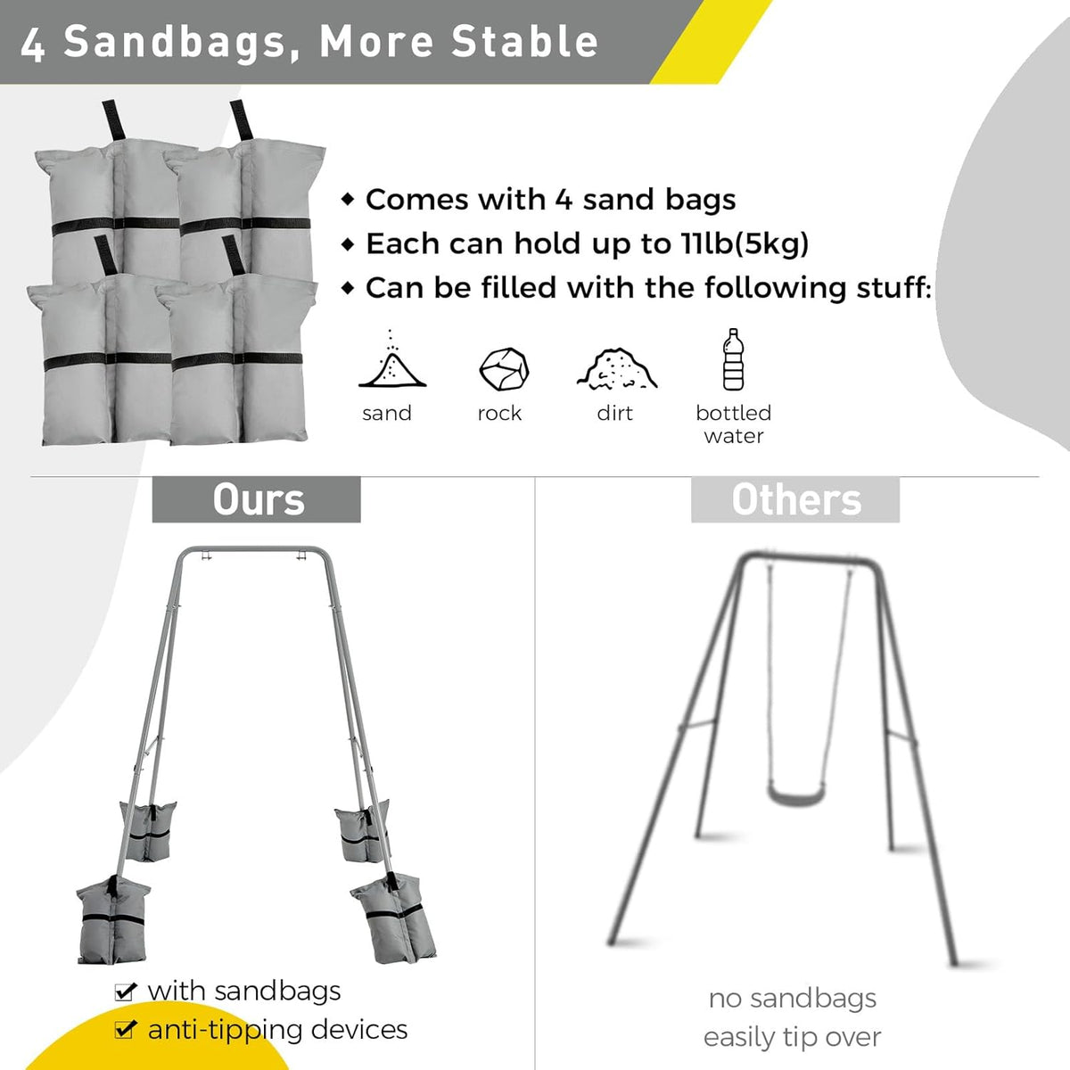 FUNLIO Foldable Swing Stand for Kids with 4 Sandbags, Heavy Duty Metal A-Frame Indoor/Outdoor for Backyard, Suitable Most Toddler/Baby Jumper/Hammock Chair - Grey